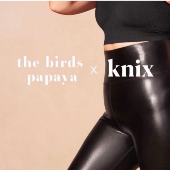 Knix X The Birds Papaya Faux Leather Stretch Leggings sz L Black Textured Lounge - Picture 4 of 13